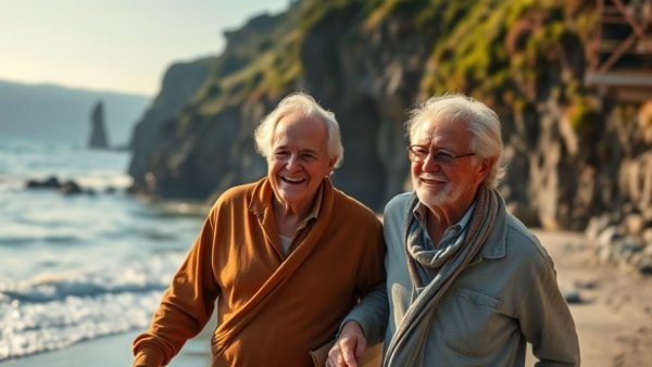 Retired couple strolling a beach, pondering how much money is needed to retire.