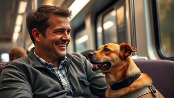 Candid moment of a man with his service dog, cozy train setting.