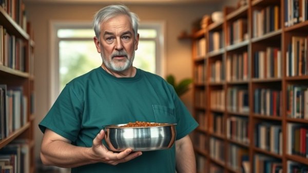 Plastic in dog food discussion in cozy home library setting.