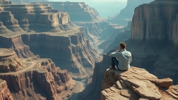 Man contemplating on cliff edge, symbolizing overcoming financial hopelessness.