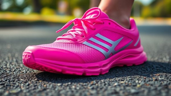 Bright pink running shoes for knee pain in outdoor setting.