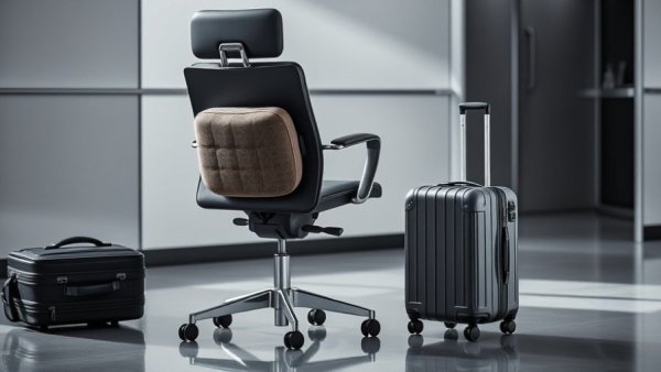 Chair with lumbar support and suitcase for holiday back pain relief.