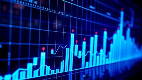 Blue financial chart showing Dow rise and stock trends.