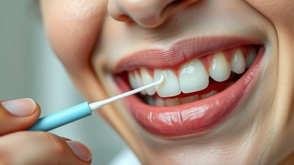 Close-up of on-the-go dental hygiene with floss pick.