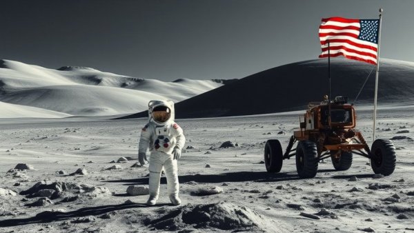 Apollo 17 moon landing: astronaut, lunar rover, American flag.