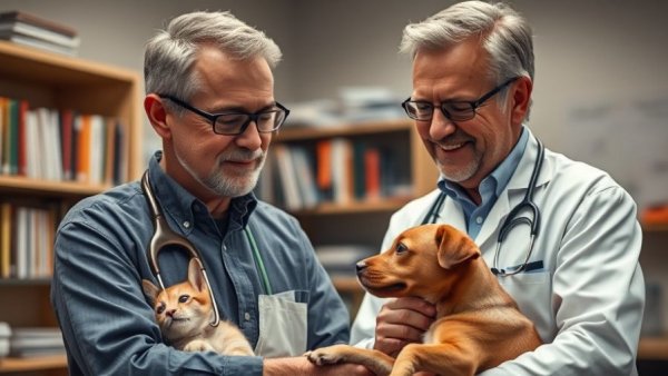 Veterinarian providing pet care in clinic setting with books.