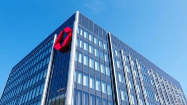 Eli Lilly building exterior with red logo against blue sky.