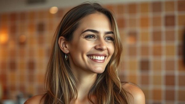 H3N2 flu strain impact, woman sitting indoors smiling.