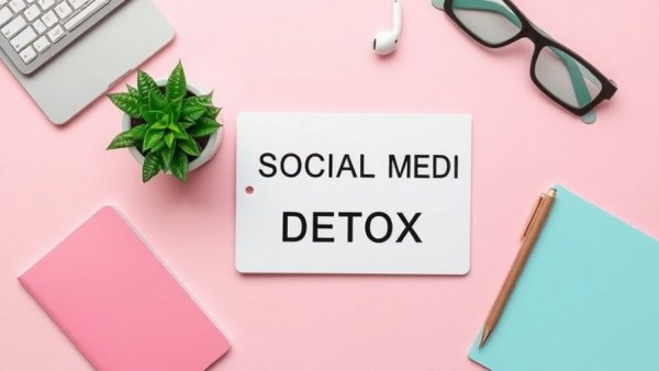 Minimalist flat lay representing mental health benefits of social media detox.
