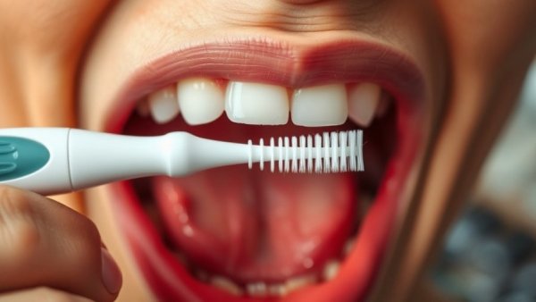 Incorrect use of a proxy brush in oral hygiene demonstration.