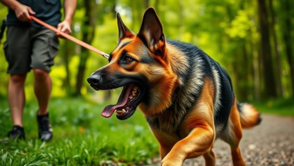 Leash reactive dog lunging with handler on forest path.