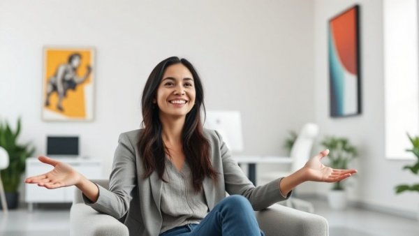 Smiling woman in modern office discussing 10% down payment for $3 million home.