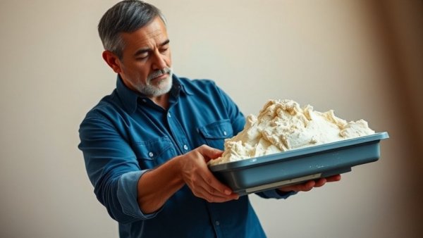 Drywall expert demonstrating making mud for drywall indoors.