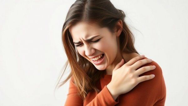 Young woman grimacing, holding shoulder due to pain.