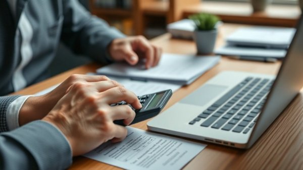 Person calculating refund process with laptop and documents