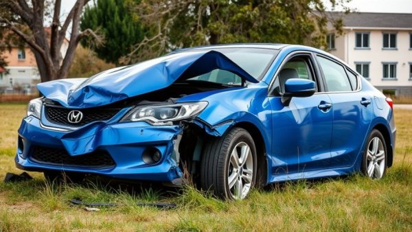 Severely damaged car after accident on grassy area.