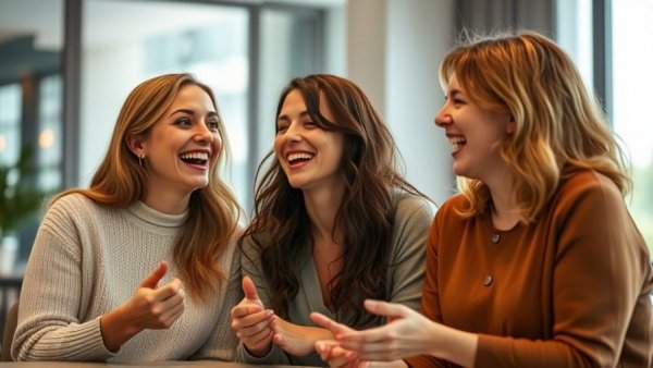 Joyful women playing Guess That Celebrity Smile game indoors.
