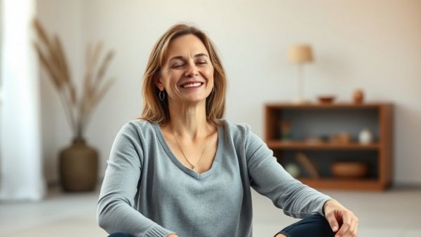 Calm woman promoting stretching techniques for healing trauma.