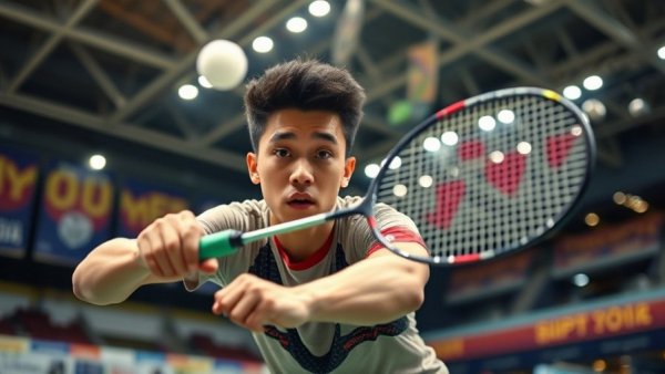Viktor Axelsen playing badminton under bright lights at Yonex event.