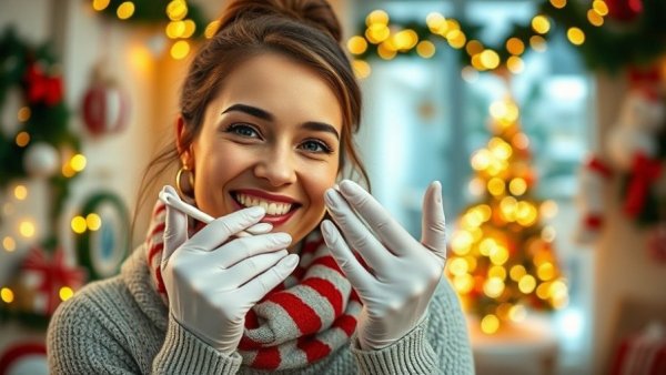 Woman smiling with dental gloves during holidays.
