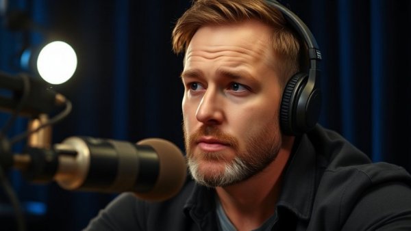 Serious man discussing roofing insights, podcast setting.