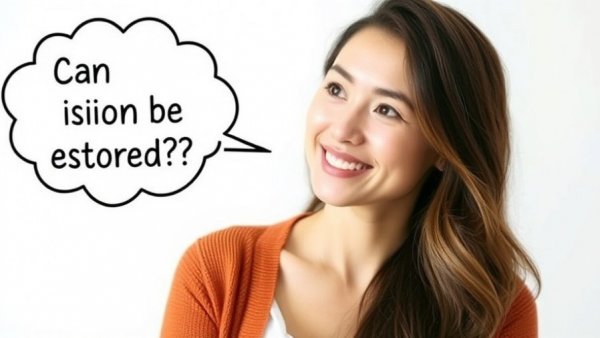 Smiling woman with thought bubble asking 'Can vision be restored?'