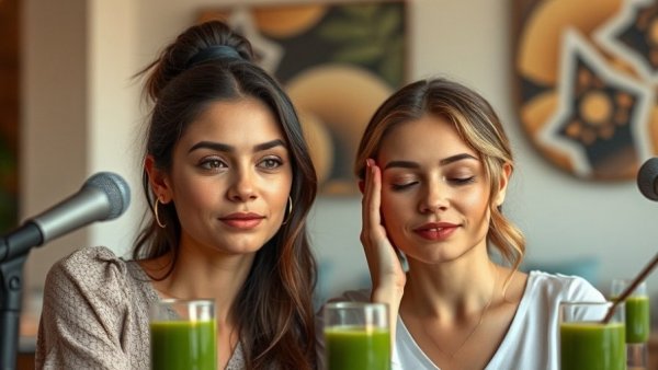 Women practicing face yoga indoors with smoothies.