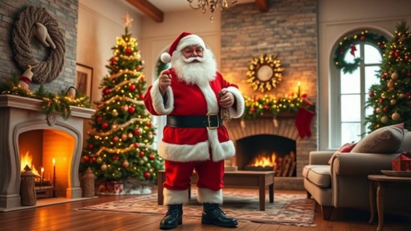 Santa in Christmas living room, a hint at what dogs really want for Christmas.