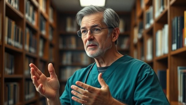 Dr. Andrew Jones gesturing in library, discussing license issues.