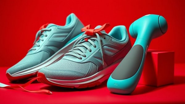 Modern fitness gifts 2025 with shoes and massager on red.