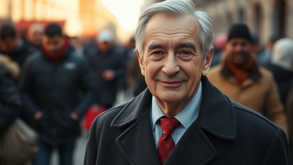 Older man outdoors, smiling, warm lighting.