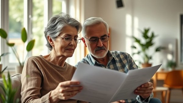 Concerned mature couple reviewing mortgage documents, considering mistakes.