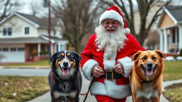 Festive Santa costume walk with dogs, calm walks for pets.