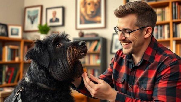 Man offering healthy dog and cat treat chicken heart to dog in library.