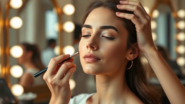 Professional makeup application on serene woman in elegant setting.