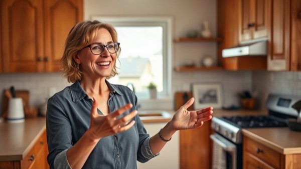 Woman sharing house flipping strategies in a kitchen.