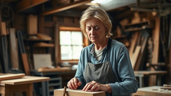 Older woman woodworking in a workshop, low-stress jobs for semi-retirement.