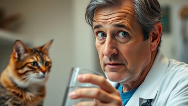 Veterinarian drinking water with cat observing, pet health tap water concern.