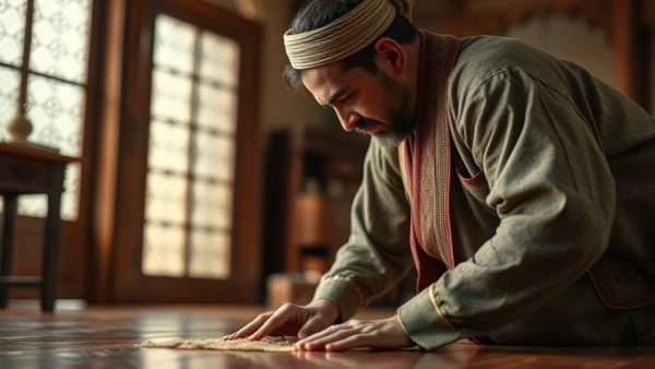 Focused person cleaning wooden floor in serene setting.