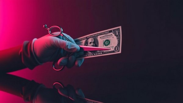 Conceptual image of gloved hand cutting dollar bills, symbolizing affordable plastic surgery.