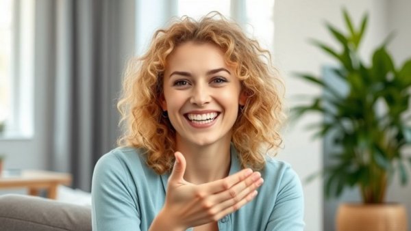 Smiling woman discussing IFS therapy blending and unblending indoors.