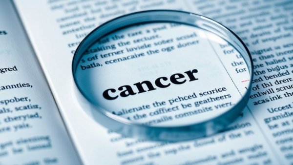 Magnified word 'cancer' on dictionary page reflecting obesity-related cancer risk.