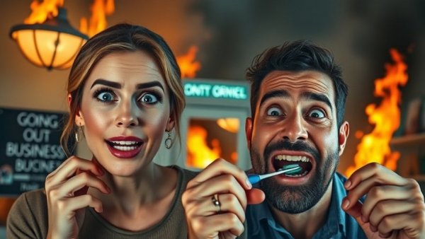Brushing your teeth can bankrupt the dental industry: shocked woman and man with toothbrush