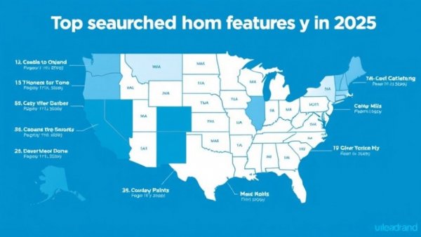 Map showing top searched home features by state in 2025.