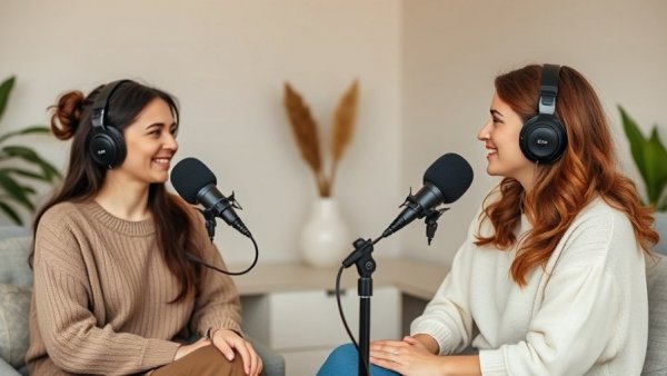 Women discussing shoulder relaxation and beauty in a podcast.