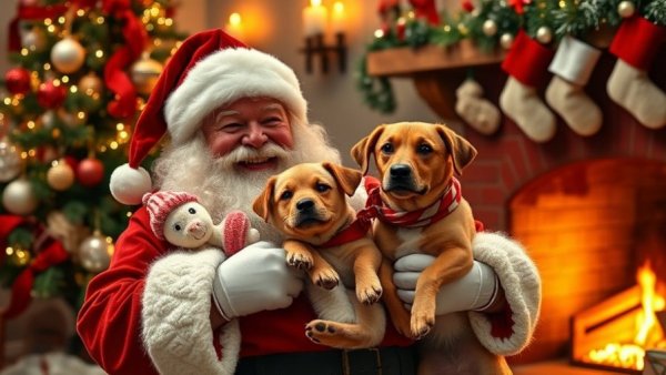 Santa with dog stocking stuffers by Christmas tree and fireplace.