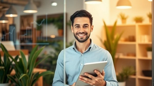 Confident small business owner with tablet and graph reflections.