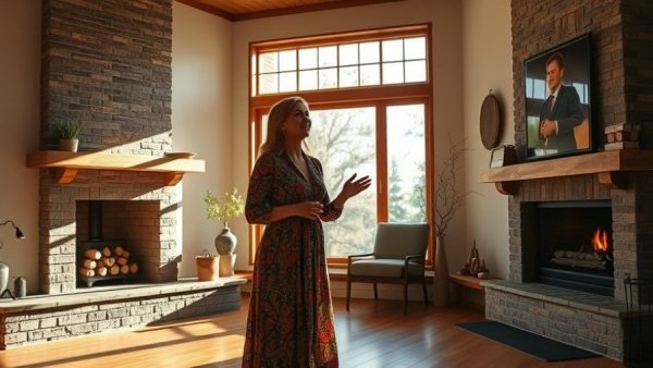Woman discussing Feng Shui home design near a fireplace and window.