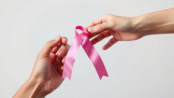 Hands exchanging pink ribbon symbolizing cancer awareness, omission of sentinel lymph node biopsy.