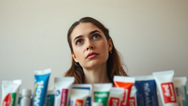Curious woman with toothpaste tubes, purple toothpaste teeth whitening concept.